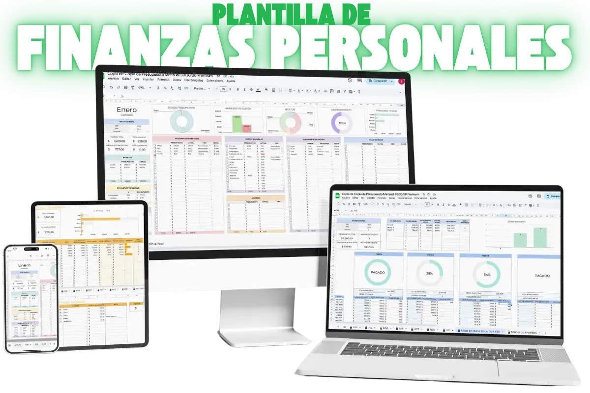 Mockup Plantilla de Finanzas Personales en múltiples dispositivos